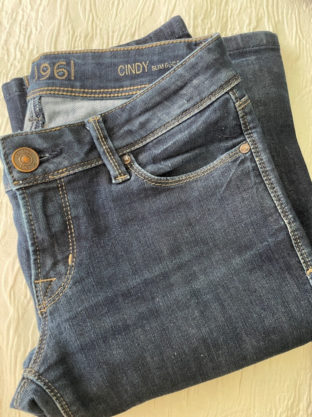 DL1961 Dark Indigo Jeans with Tan Stitching